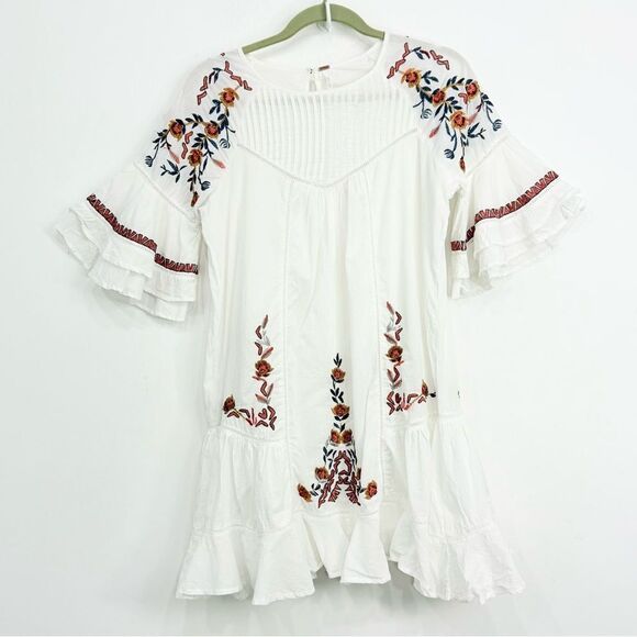 Free People PAVLO White Flutter Orange Floral Embroidered Boho Chic Mini Dress - Picture 8 of 16